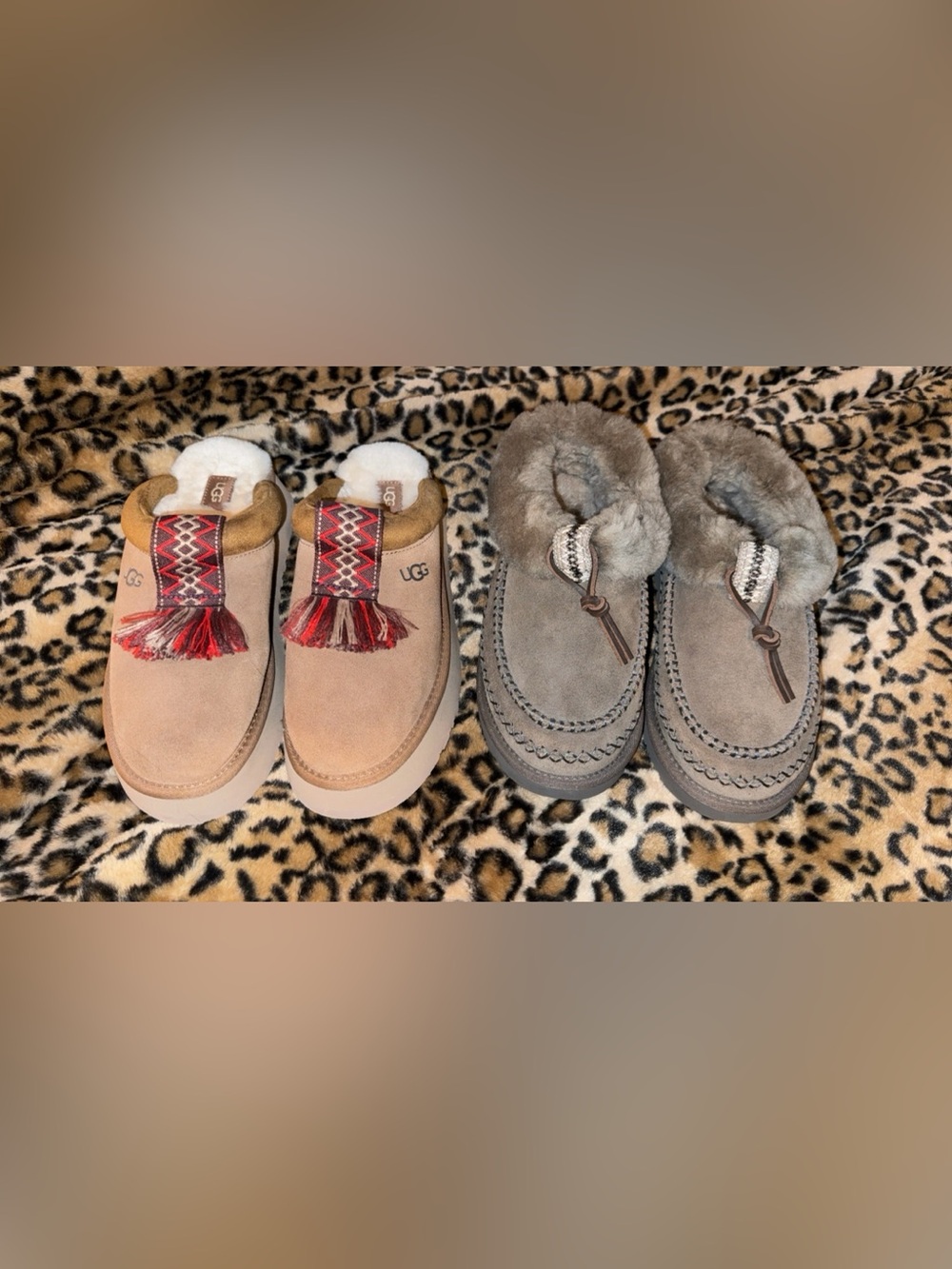UGG Women's Suede/Tassel Slip-On Slippers in Chestnut and Gray NEW